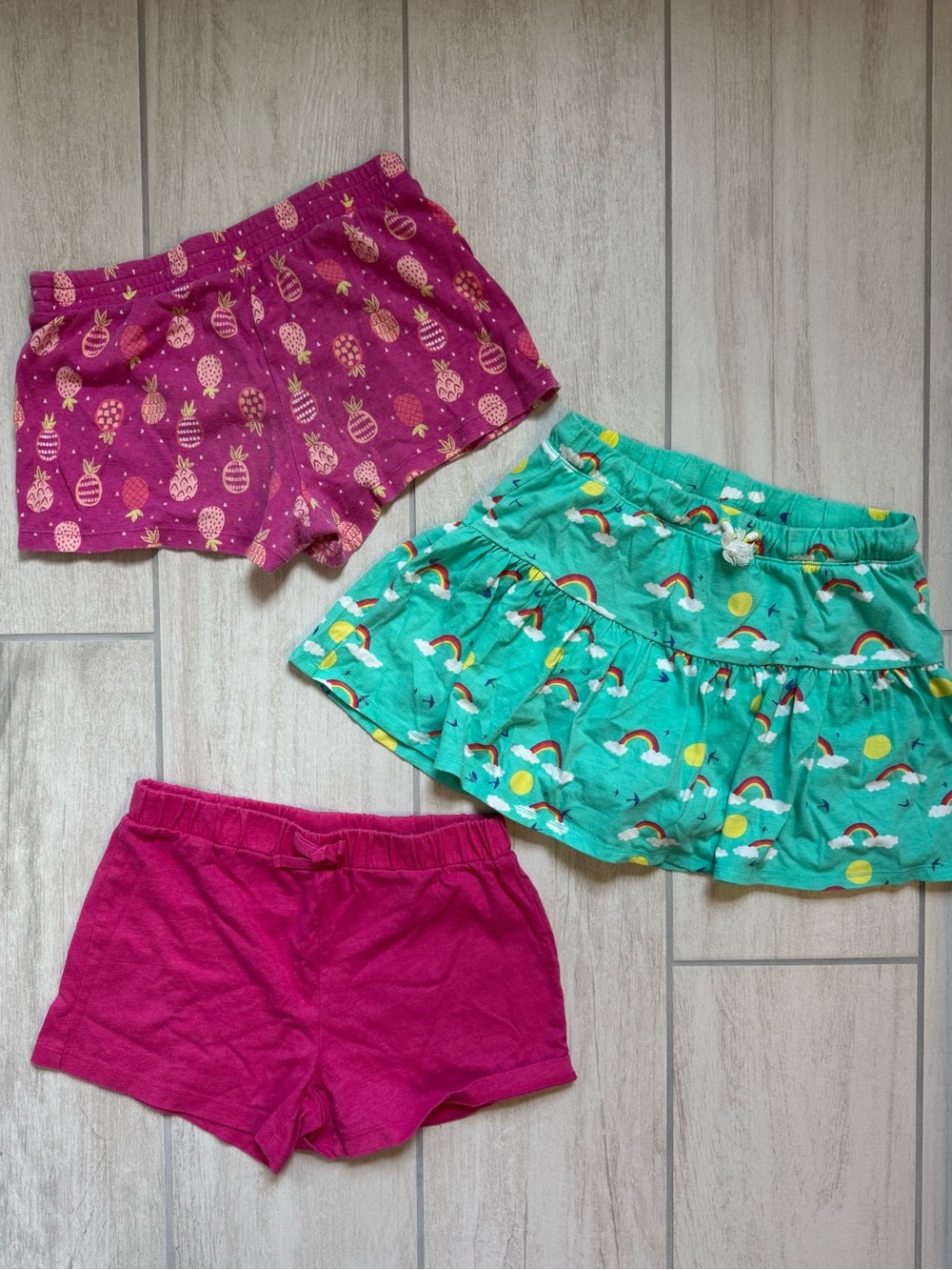3 pc bundle Girls Pink & Teal Shorts and Skirt Set - Pineapple & Rainbow Prints